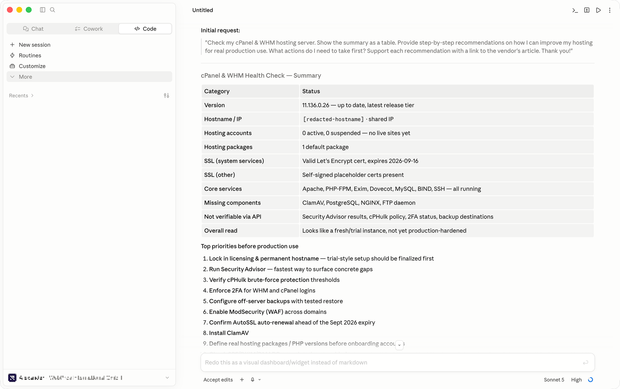 AI agent connected via MCP running a cPanel and WHM health check