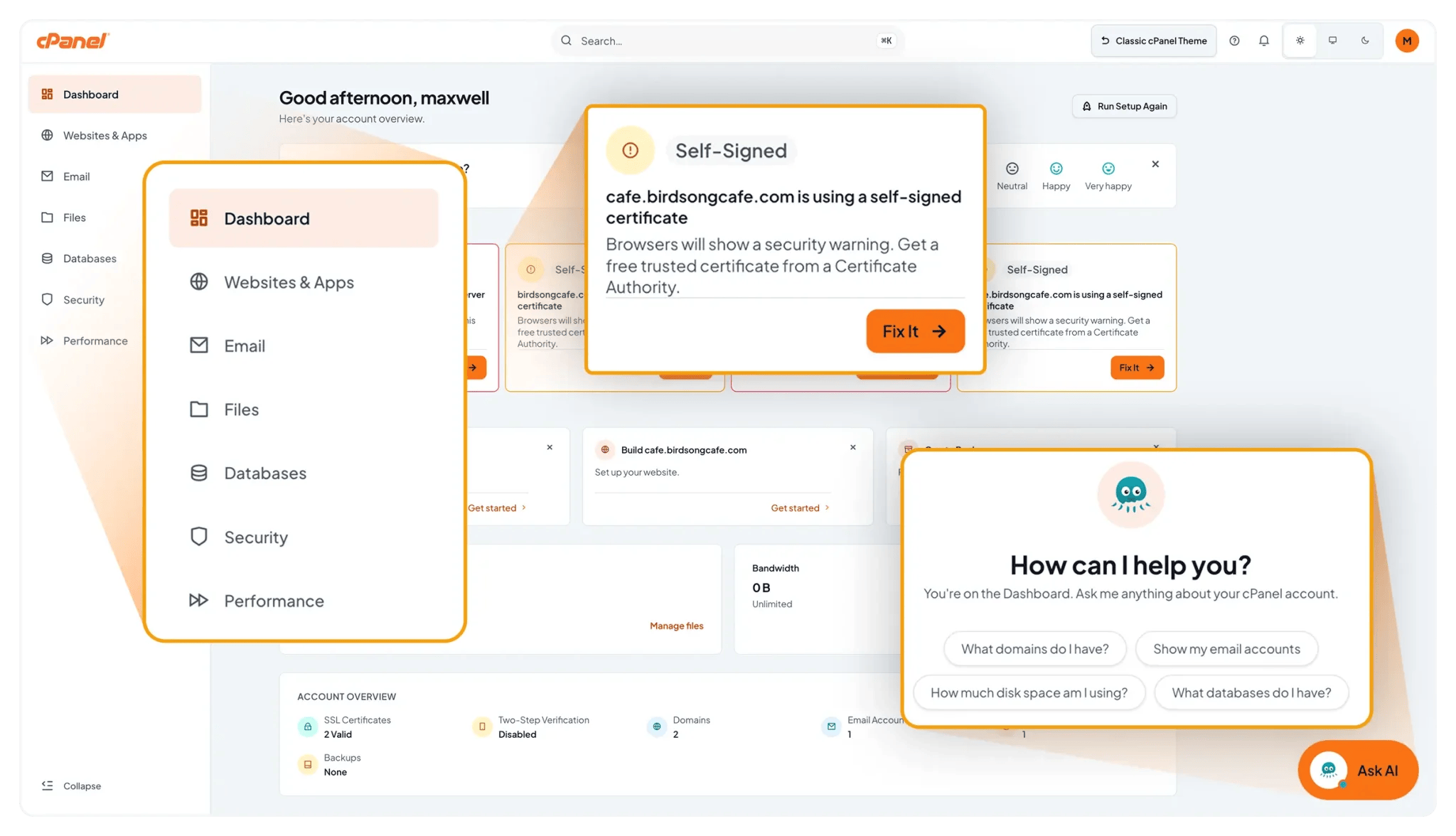 Meridian dashboard with hub navigation, an SSL alert and the AI Assistant highlighted
