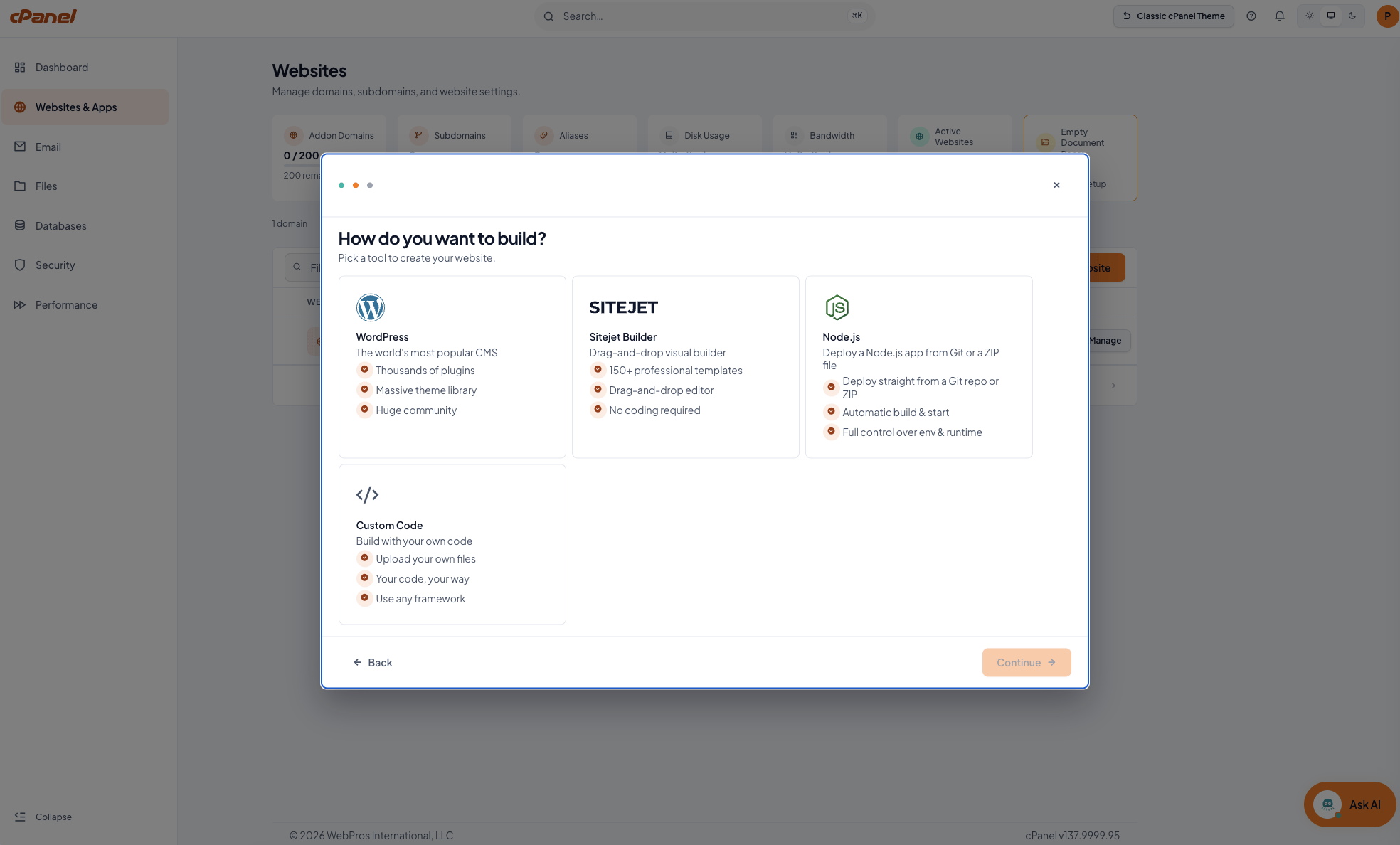 Website build method selector: WordPress, Sitejet Builder, Node.js or custom code