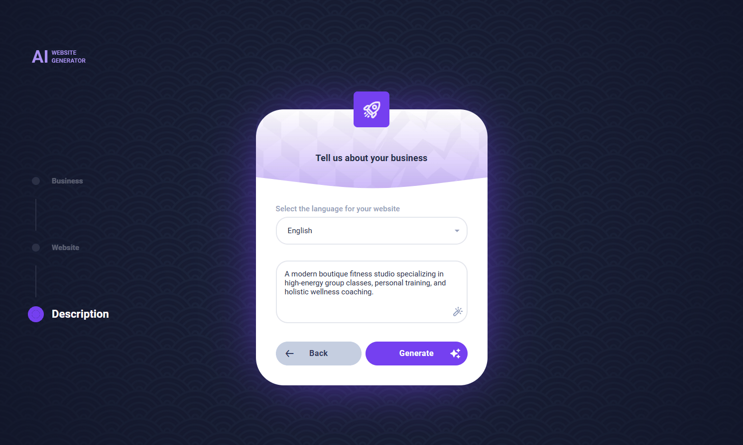 Sitejet AI website generator business description step